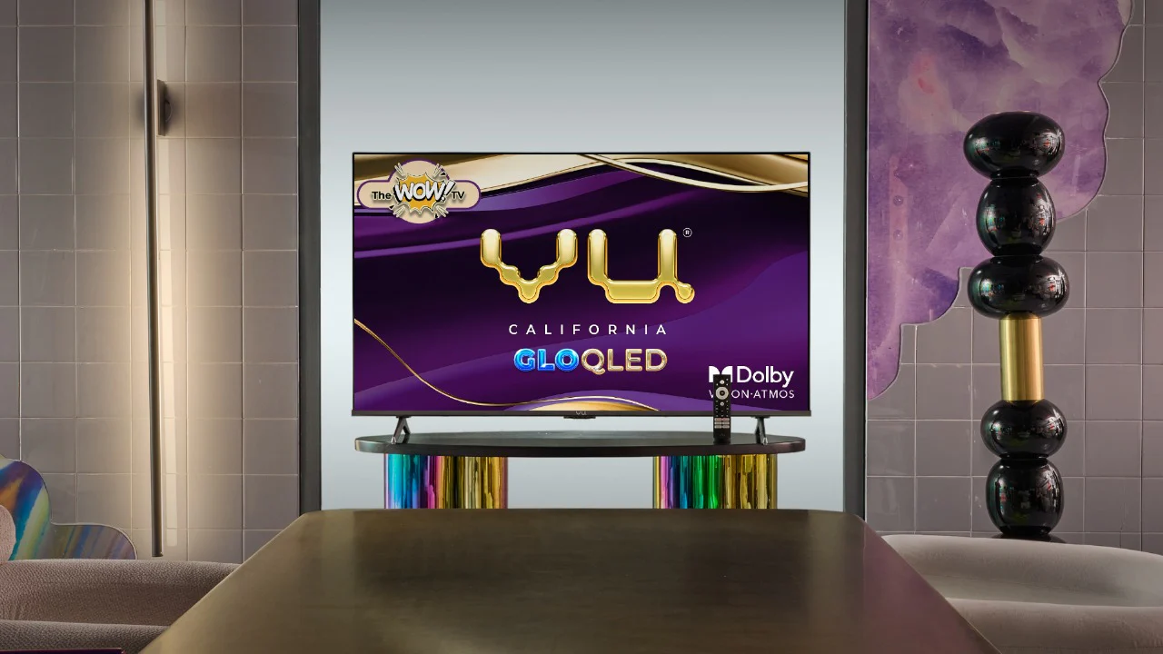 VU Android Smart TV in a luxury living room showcasing premium display and sound quality.